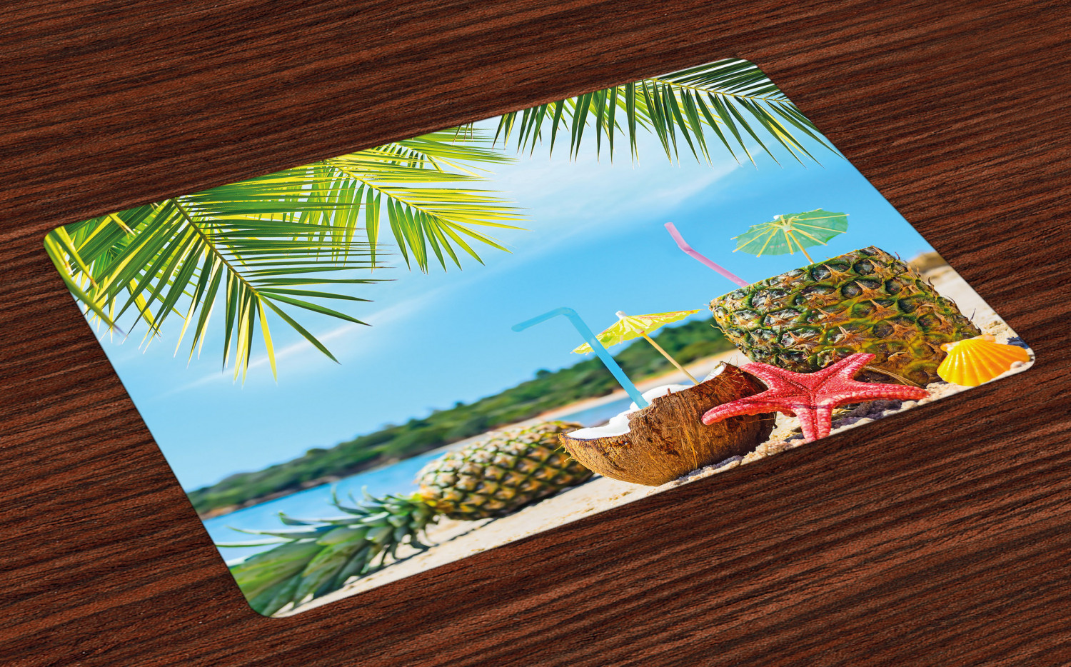 Tropical Placemats Set of 4 Fresh Summer Fruits Coconut and Pineapple Drinks at Exotic Beach