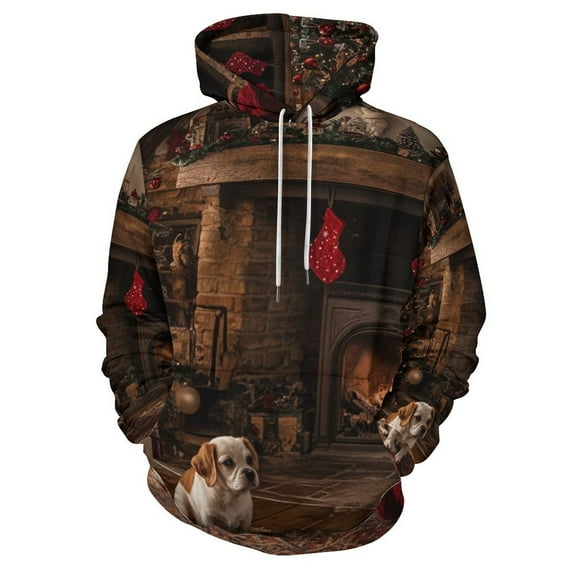 POBUDS Hoodie, Regular Fit Sporty Pullover Hooded Sweatshirt for Men Women Christmas Fireplace Tree Warm Indoor S