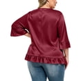 thumbnail image 3 of Lmueinov Womens Satin Summer Tops Plus Size 3/4 Length Sleeve Ruffle Hem Shirts Crew Neck Solid Flowy Casual Trendy Fall Going Out Tops for Women S-5XL, 3 of 4