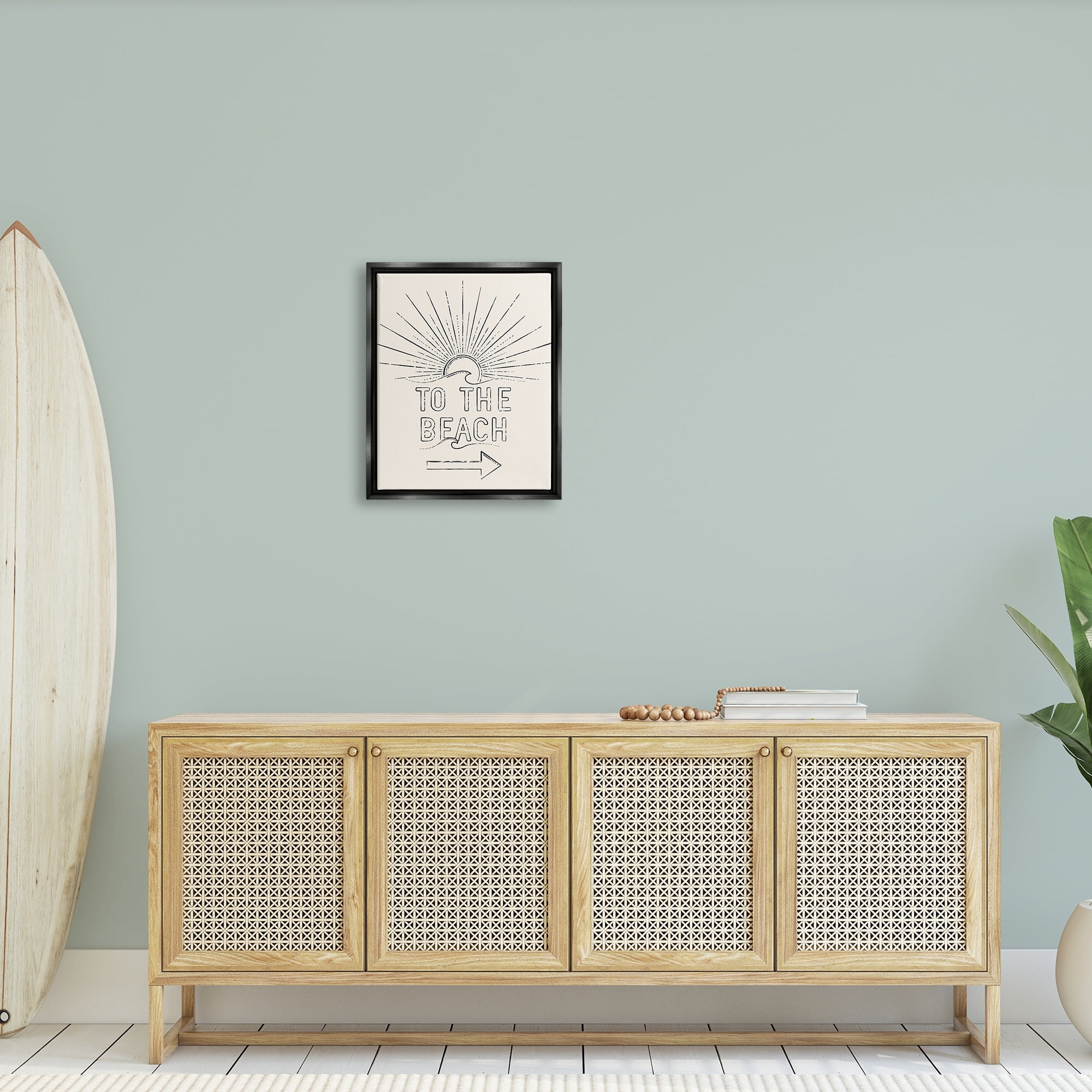 Stupell Industries To The Beach Weathered Vintage Sun Horizon Typography Graphic Art Jet Black Floating Framed Canvas Print Wall Art, Design by JJ Design House LLC