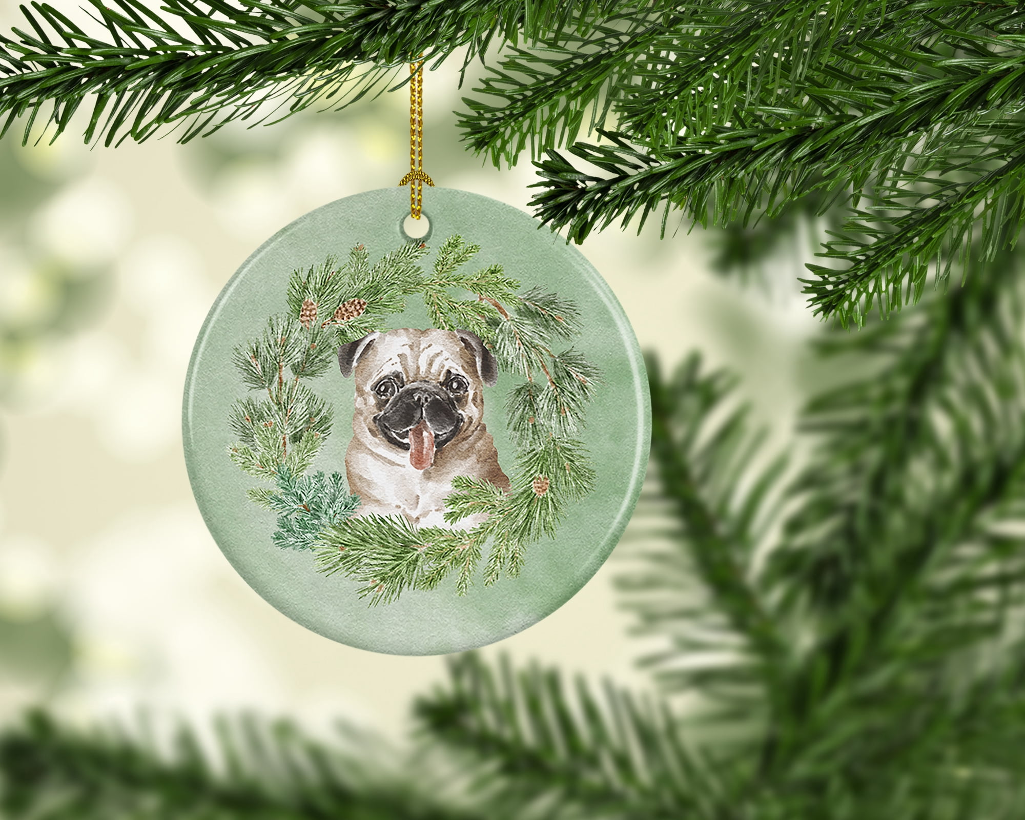 Pug Fawn Christmas Wreath Ceramic Ornament 2.8 in x 2.8 in