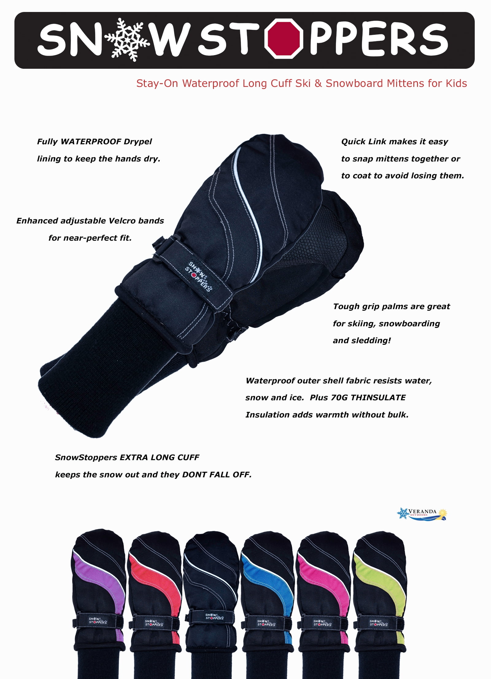 SnowStoppers Kids Ski & Snowboard Mittens (Small, Black)