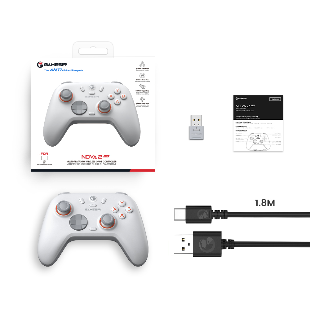 Control Inalámbrico GameSir Nova 2 Lite para PC con Joysticks y Gatillos Hall Effect, Frecuencia de Sondeo 2.4G y Cable 1000Hz, Botones Reasignables - Compatible con PC/Switch/Steam/Android (Blanco Luminoso) 4