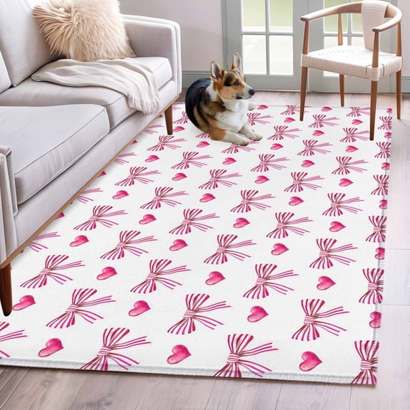 Area Rug for Living Room, Sweet Bow Striped Non-Slip Indoor Large Carpet for Bedroom/Dining Room, Pink Love Modern Preppy Aesthetic Washable Low-Profile Rectangle Floor Runner Rugs - 4 x 6 Ft