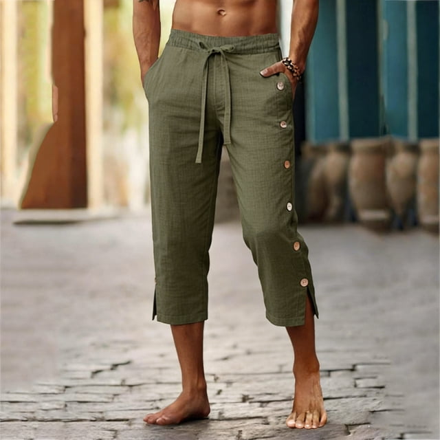 Ceisia Men's Casual Cotton-Linen 3/4 Pants with Decorative Buttons and Split Hem Army Green XL Gifts