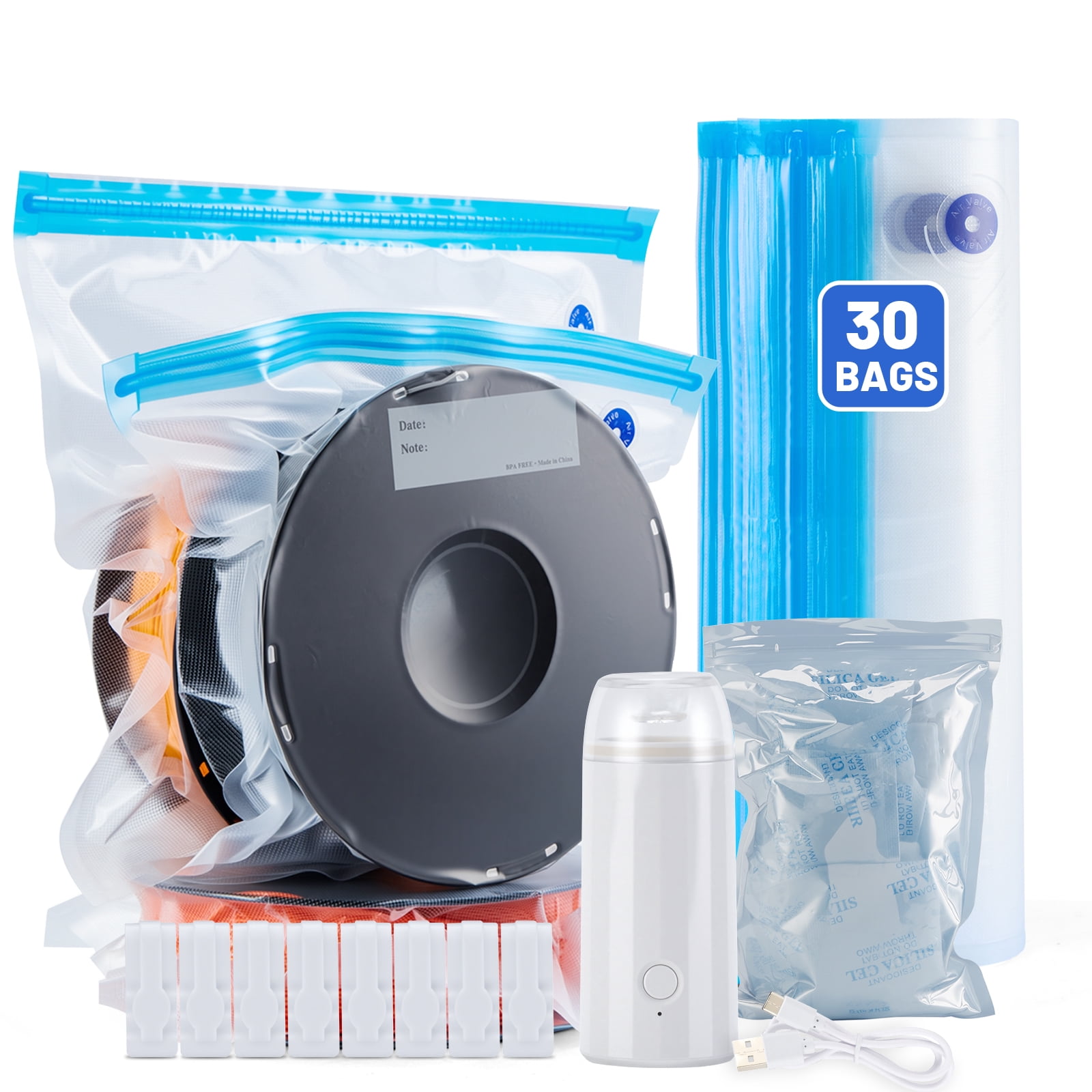AGPTEK 30 Pack 3D Printer Filament Storage Bags 2 Sizes Vacuum Sealed Kit with 500mAh Electric Pump & Silica Gel Desiccants