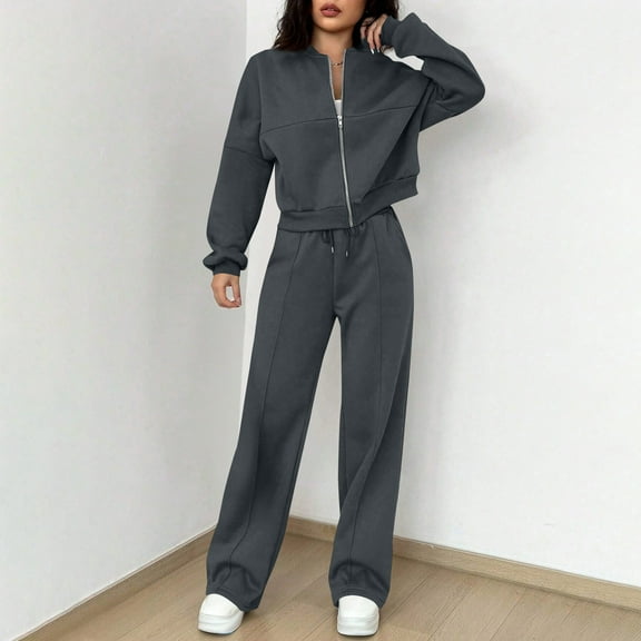 Tauxra Sweaters for Women,Cardigan Sweaters for Women,Long Sleeve Pants Set for Women, Solid Color Zippered Cardigan Sweater Straight Leg,Cardigan for Women