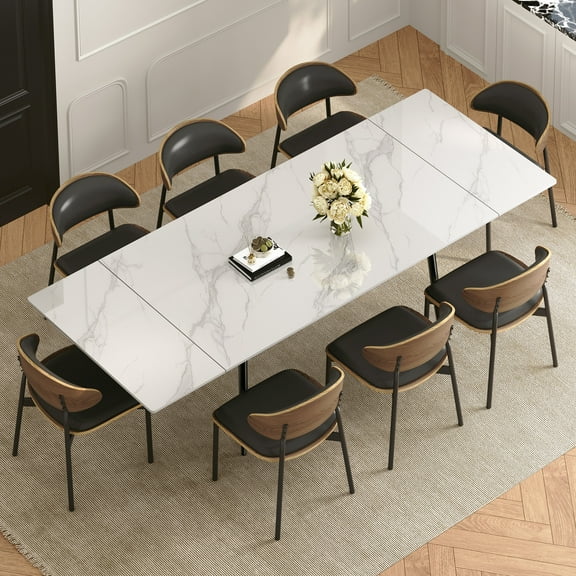 gaoyangjiaju 62.9"-94.4" Modern Extendable Dining Table for 6 to 10 Seats, Rectangular Sintered Stone Table with High Hardness and Easy Maintenance for Dining Room Family Gathering, White Top