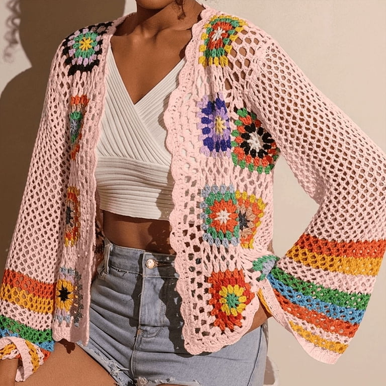 ZOELNIC Women's Floral Crochet Cardigan Hollow Out Open Front Long
