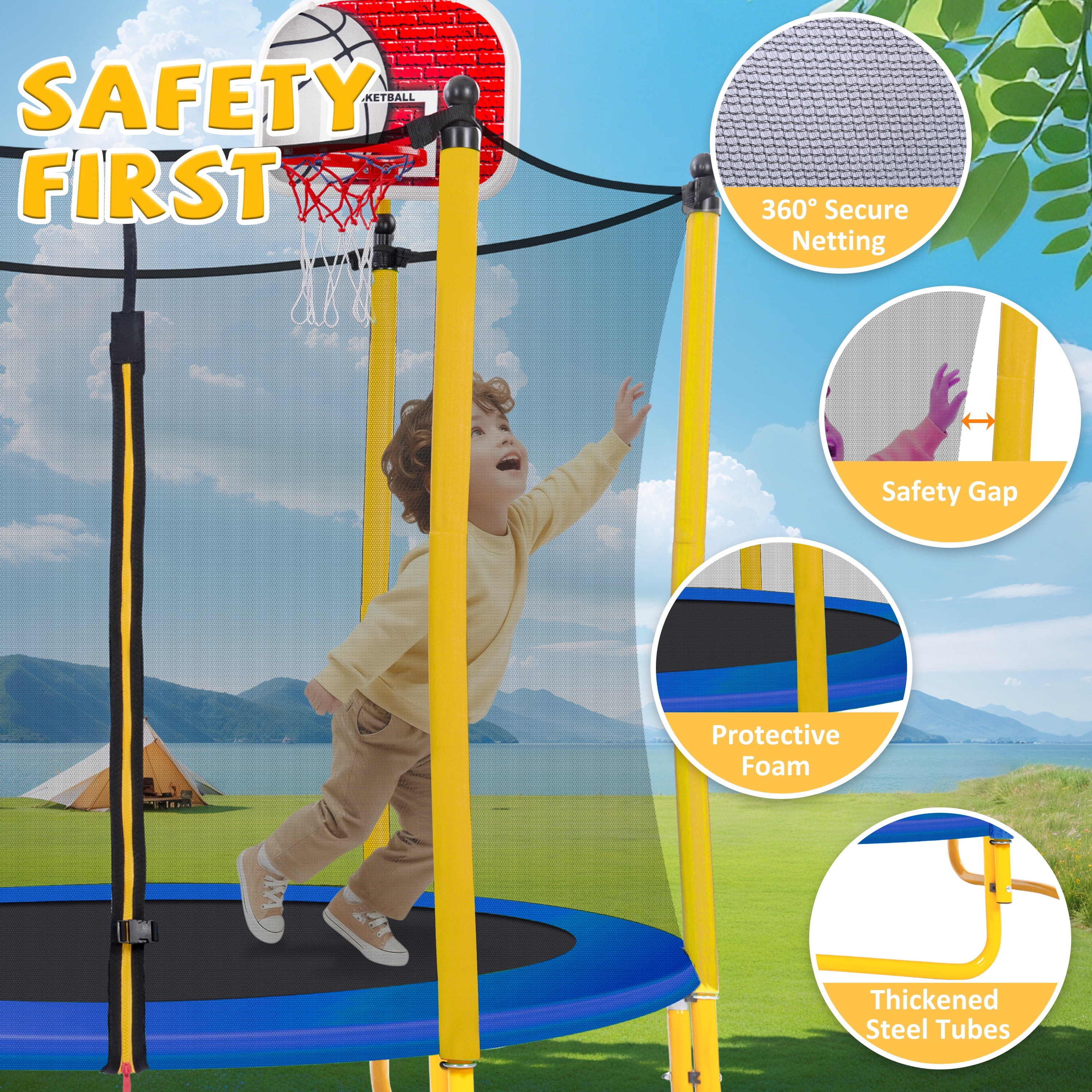 5.5FT Trampoline with Safety Enclosure for Kids, SEGMART Toddler Trampoline with Basketball Hoop, Kids Trampoline with Jumping Mat, Mini Trampoline, Indoor Trampoline, Gifts for Boys Girls, 220LBS