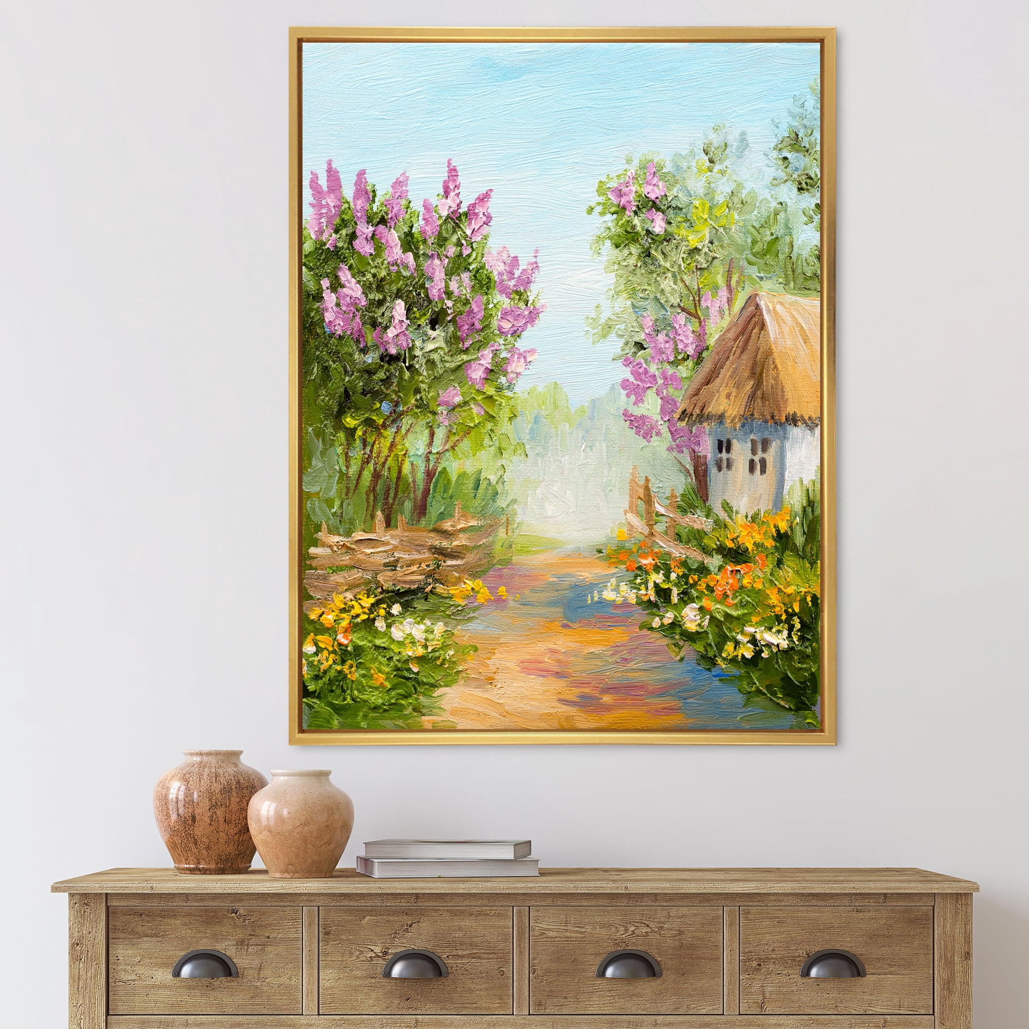 Designart 'Little House In The Blossoming Flowers Forest' Lake House Framed Canvas Wall Art Print