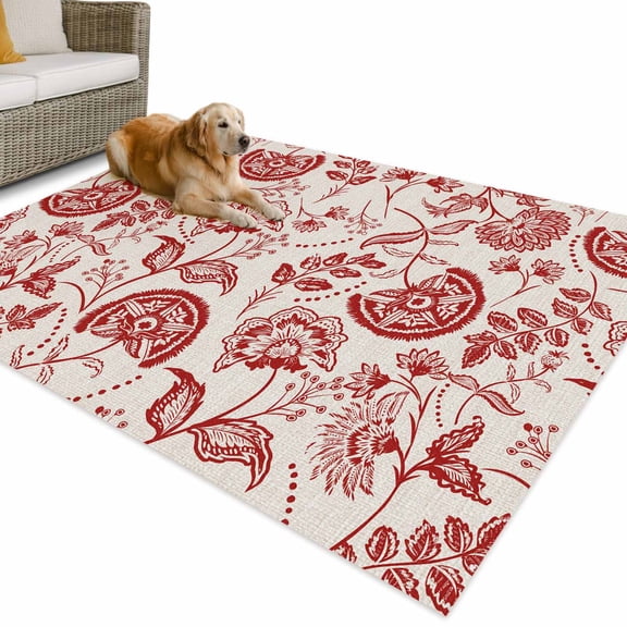 Outdoor Rug 5x7 ft Red Chinoiserie Floral Waterproof Outdoor Patio Rug Mat Non Slip Outside Area Rugs Carpet for RV,Camping,Porch,Deck,Pool,Balconybackyard,Vintage Farmhouse Cottagecore