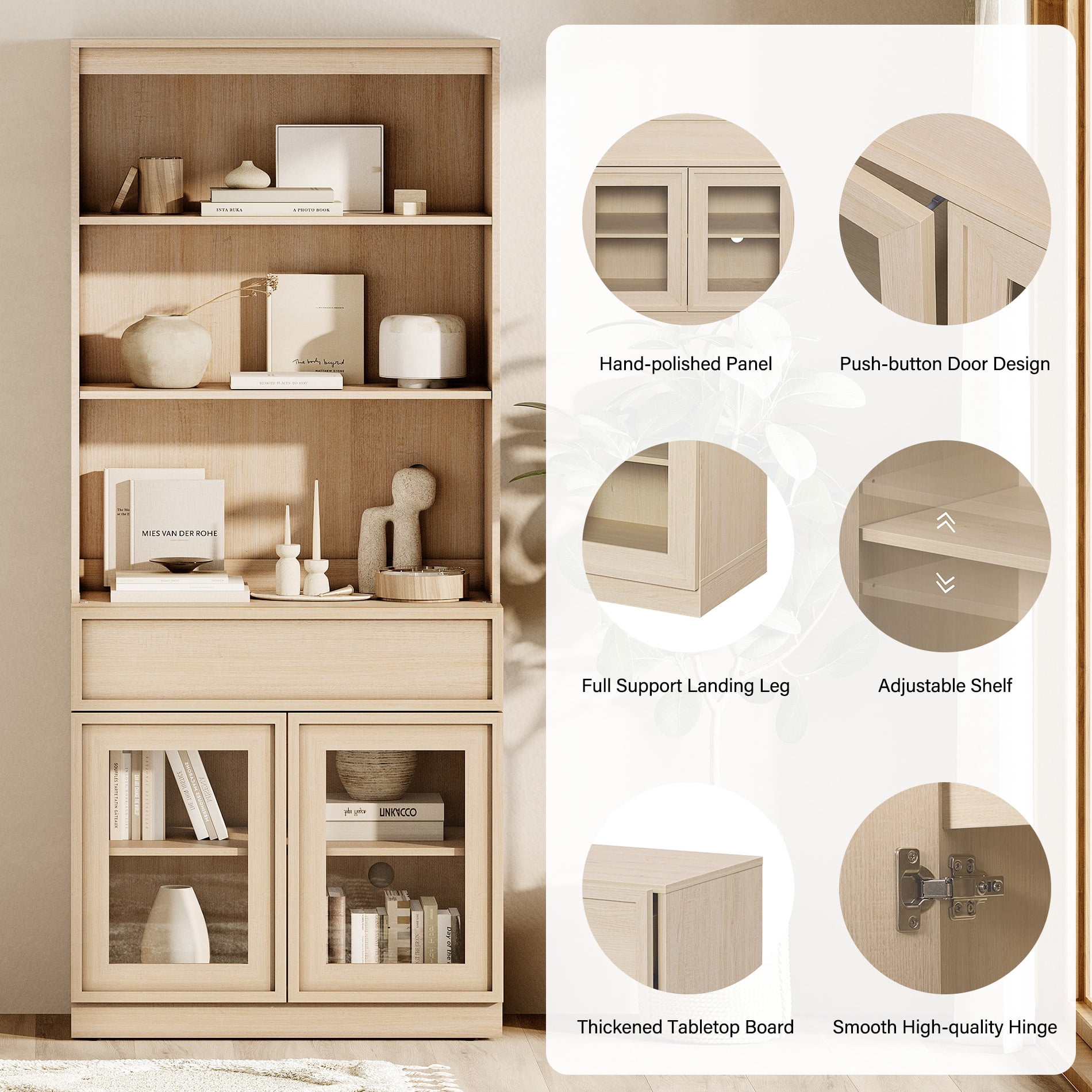 Modern 72" Tall Bookshelf with Glass Doors & Drawers, Library Bookcase with Storage Cabinet and Open Shelves,Beige