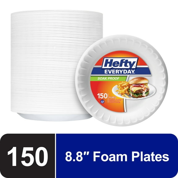Hefty Everyday Soak-Proof Foam Plates, White, 8.8 inch, 150 Count