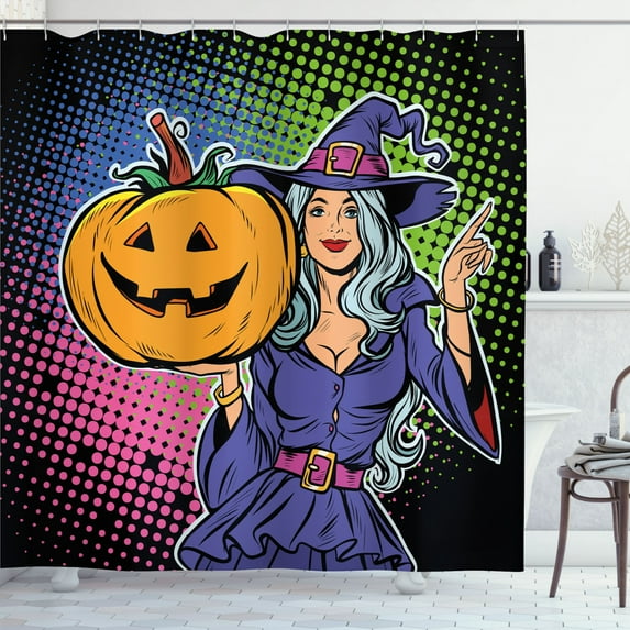 Ambesonne Halloween Shower Curtain, Pop Art Witch and Pumpkin, 69"Wx84"L, Multicolor