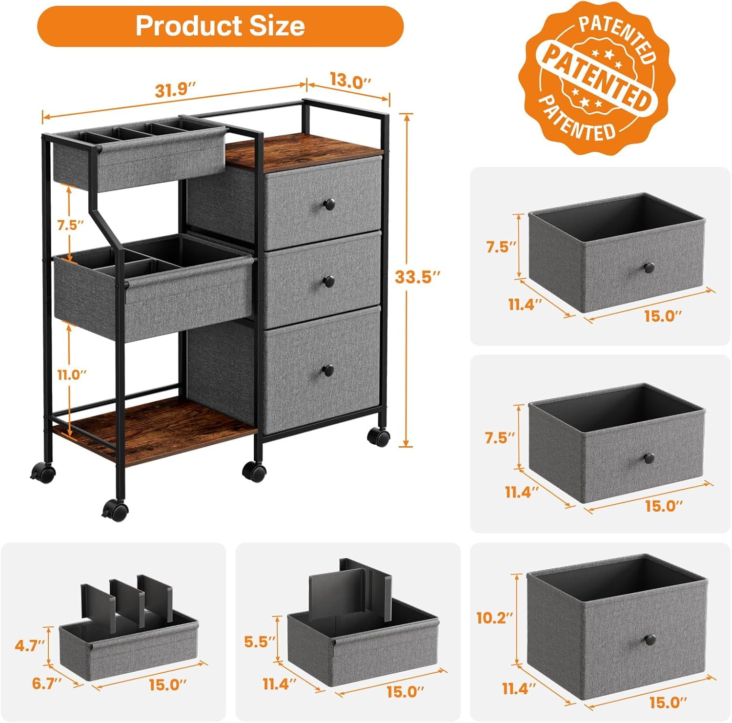 3 Tier Diaper Organizer & Storage Cart for Nursery, Bedroom, Changing Table with Dividers & Drawers