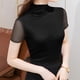 thumbnail image 5 of Tejiojio Women's Sheer Mesh Top Solid Mock Neck Short Sleeve Fitted Elegant Casual Blouse, 5 of 5