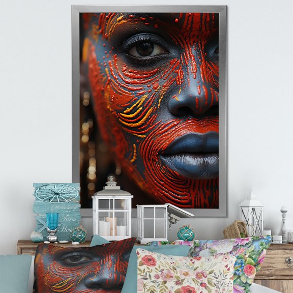 Designart "Tattooed Masai Woman Of Africa" African Tribal Picture Framed Wall Art Living Room