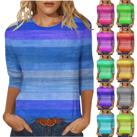 Jsaierl 3/4 Sleeve Womens Tops Casual Crew Neck Shirts Fashion Print Petite Blouses Classic Cotton Tunic Top S-5XL