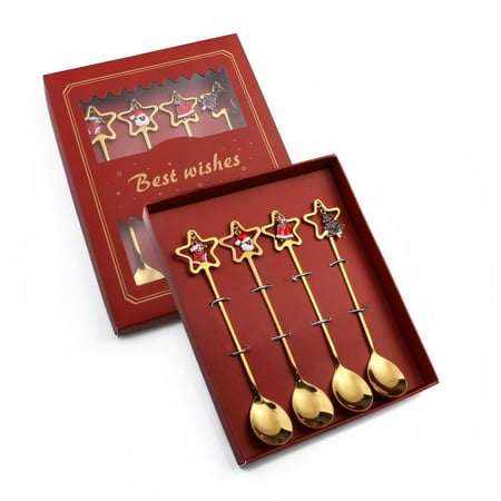 

4/6 pcs Creative Electroplate Dessert Spoon Christmas Series Stainless Steel Spoon and Fork Dinnerware Sets Christmas Decor Christmas Gift GOLD 5