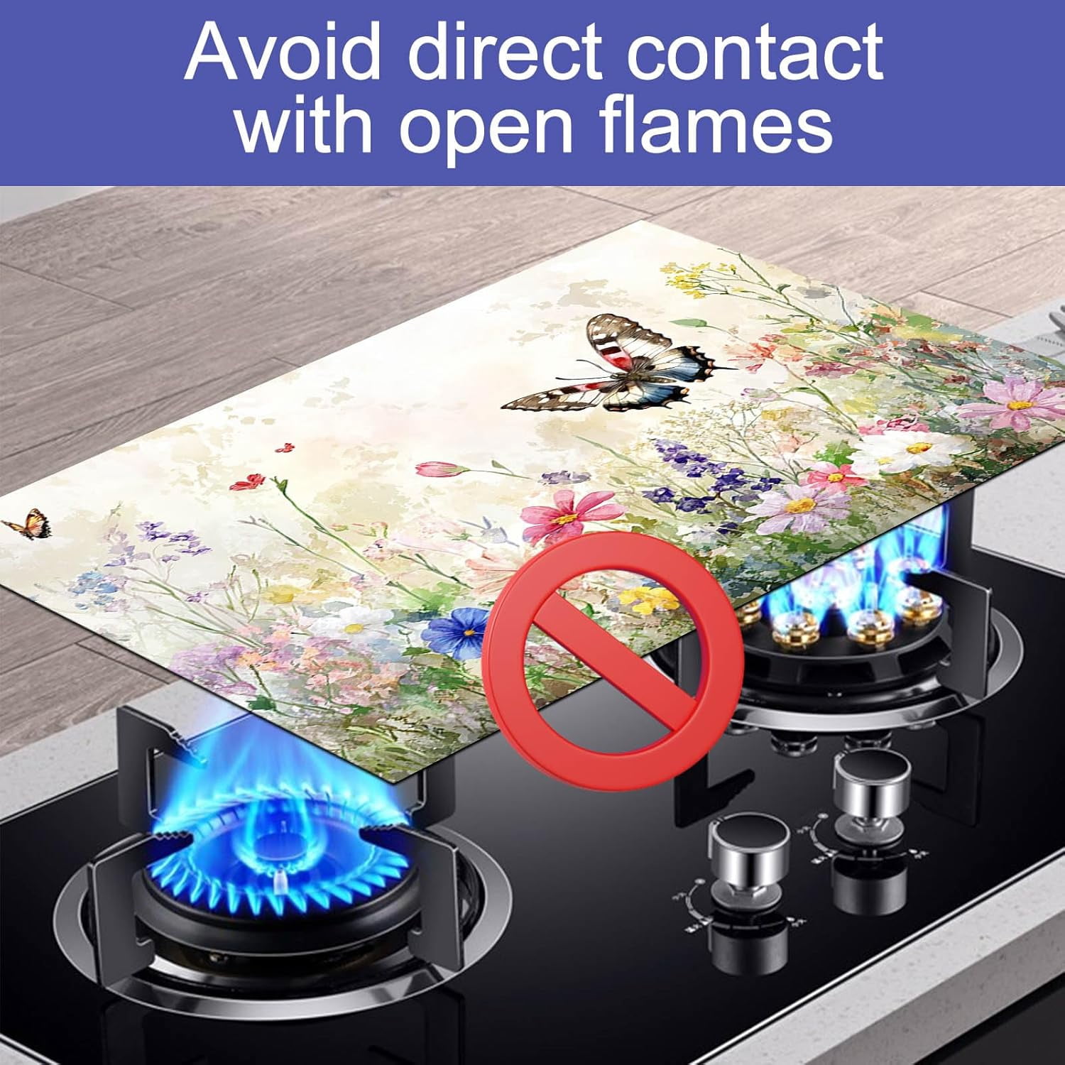 Butterfly Stove Top Cover for Electric 28x20 Inch Diatomite Floral Kitchen Decor Glass Cooktop Protector Heat Resistant Countertop Mat with Wildflower Meadow Design