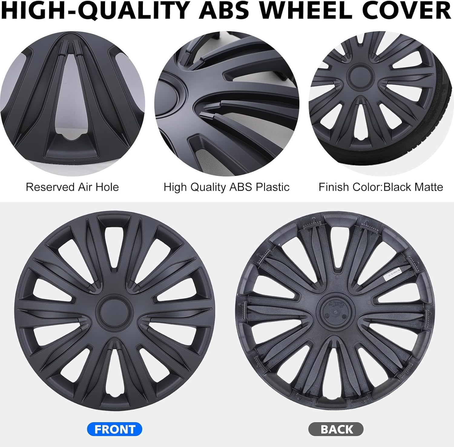 Set of 4,15" Universal Hubcap Wheels Cover Replacement for Car Truck SUV ABS&PC Hub Caps Accessories,Black Matte