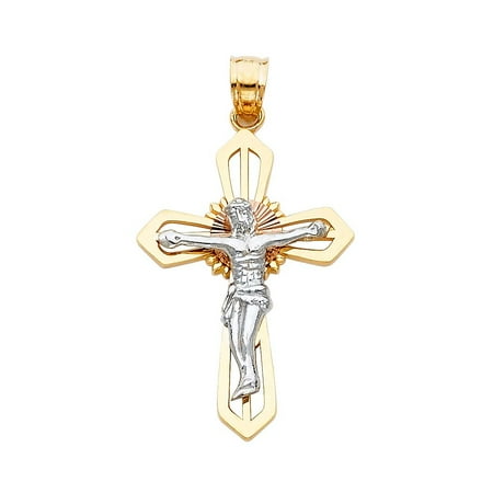 14K Tri Color Jesus Crucifix Cross Religious Charm Pendant for Necklace Chain | 32 x 20 MM | 2.9 grams