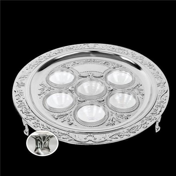 Nua 59633 3 x 15.5 in. Silver Plated Seder Plate with Legs & Glass Liners, Silver