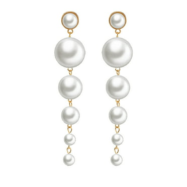 Trendy Elegant Created Big Simulated Pearl Long Earrings Pearls String ...