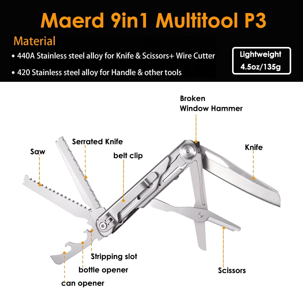 Maerd P3 9in1 Hard Stainless Steel Multitool, Foldable Self-Locking Multi tool with Belt clip, First Aid Scissors, Saw, Escape Hammer, Bottle Opener, Sickle, EDC Multitool Emergency