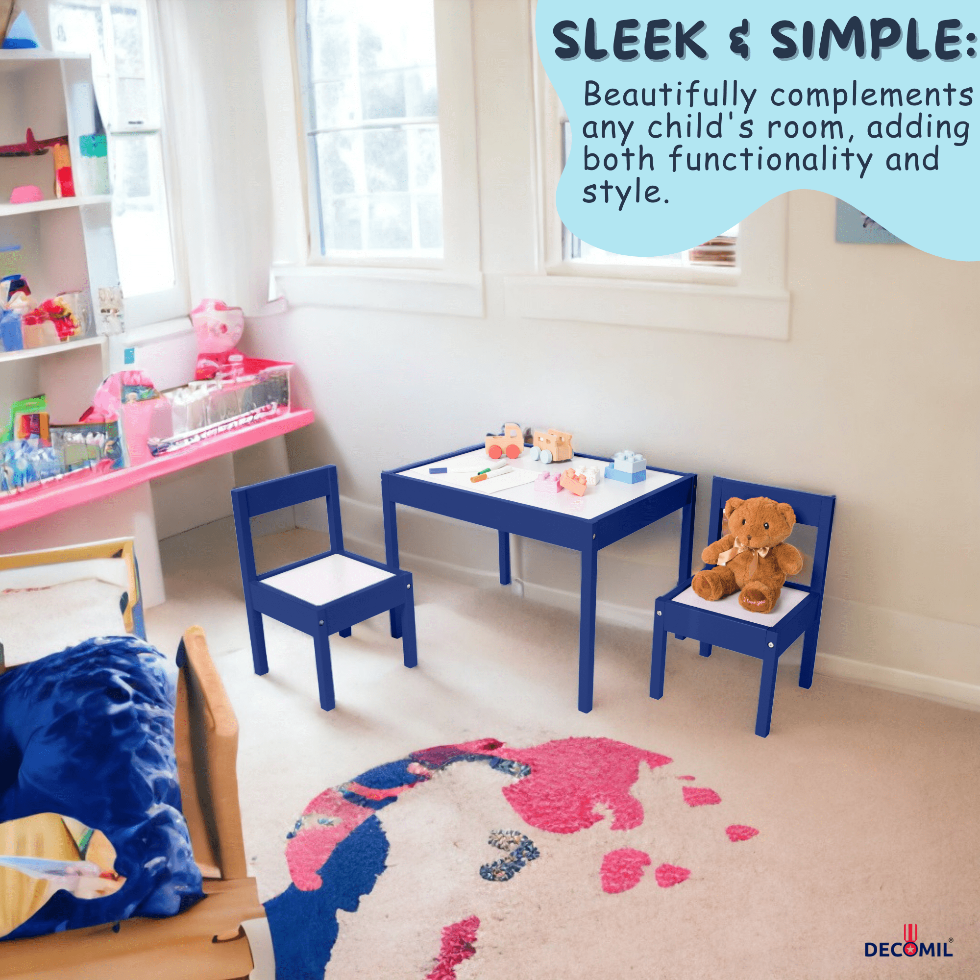 DECOMIL 3-Piece Kids Wooden Activity Table and Chair Set, Outdoor, Blue