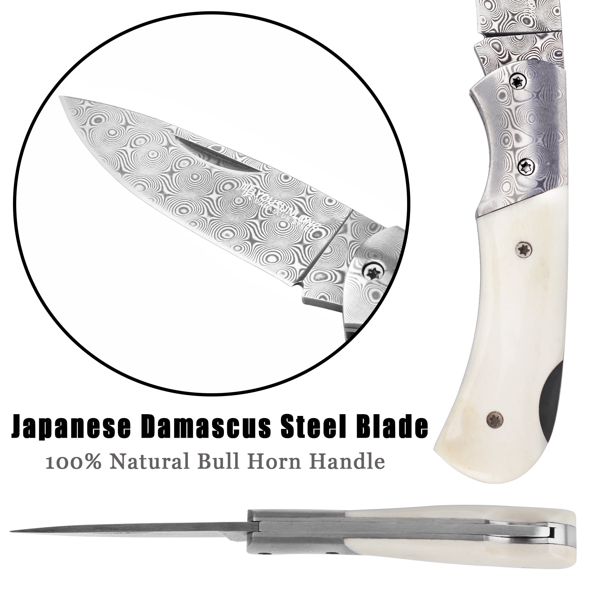 YOUSUNLONG Folding Knife - Camping Knife Overall 140mm Japanese Damascus Steel Bull Bone Handle