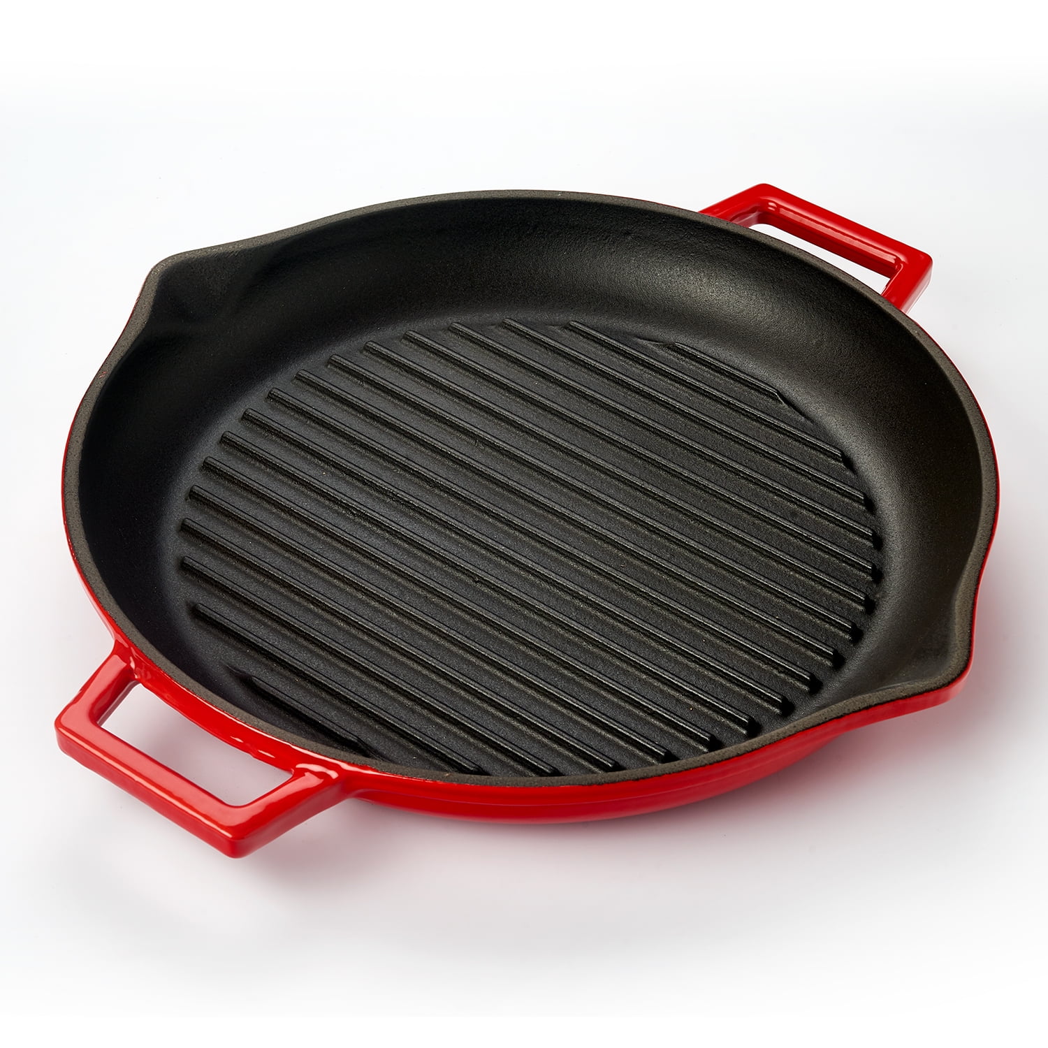 Country Living Enameled Cast Iron Square Griddle Grill Pan with Ridges, Helper Handle and Pouring Spouts for Easy Draining, Indoor Grilling Skillet