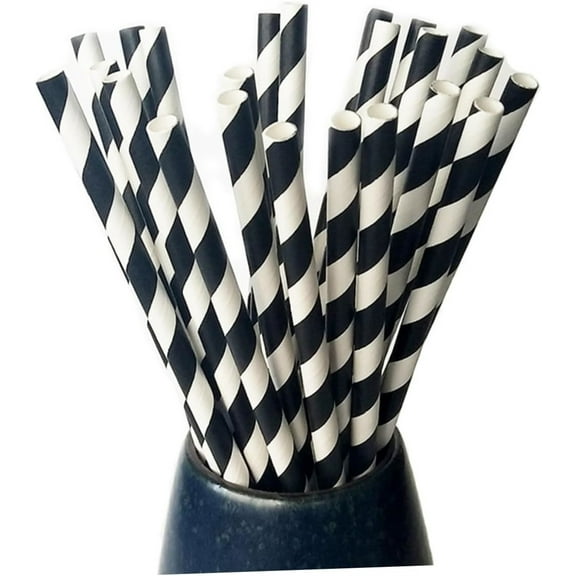 7.7x0.2In Durable Paper Straws,100Pcs Disposable Drinking Straws for Birthday,Black and White Bulk Striped Straws for Holiday Celebrations