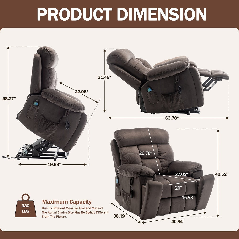 Oversized Power Lift Recliner Chair with Massage & Heating for Big Elderly, Electric Lounge Sofa Chair with 26" Wide Seat and Cup Holders, 400LBS, Dark Brown