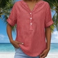 thumbnail image 4 of RYRJJ Striped Cotton Linen Tops for Women Plus Size Button V Neck Roll Up Short Sleeve Henley Shirts Summer Dressy Casual Blouse(Red,3XL), 4 of 7