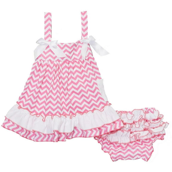 Wenchoice Girl's Pink & White Zigzag Ruffle Top & Diaper Cover - S(6M-12M)