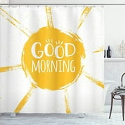 Saying Shower Curtain, Summer Grungy Sandy Look Design With Morning Text, Cloth Fabric Bathroom Decor Set With Hooks, 69" W X 70" L, Earth Yellow And White