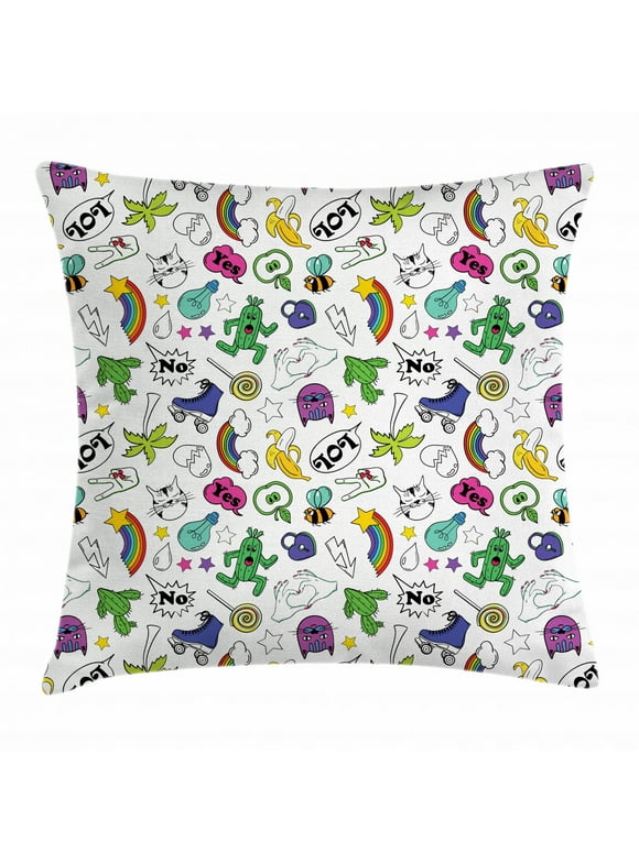 Emoji Throw Pillow Cushion Cover, Vivid Colored Collection of Fun Retro Cartoon Figures in 80s and 90s Comic Style, Decorative Square Accent Pillow Case, 16 X 16 Inches, Multicolor, by Ambesonne