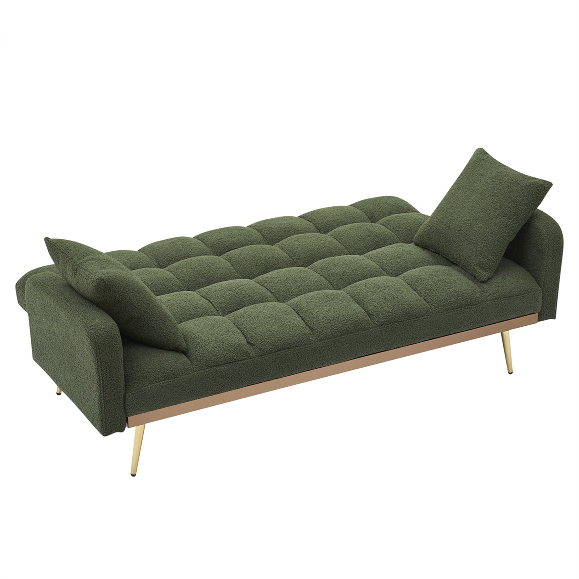 Aukfa Square Tufted Futon Convertible Sofa Bed for Home Office, 2 Pillows, Teddy Fleece, Green