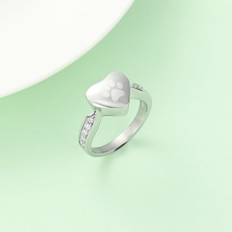 Jinlou Sterling Silver Pet Cremation Urn Ring - Paw Print Design, Holds Ashes, Forever In My Heart Keepsake