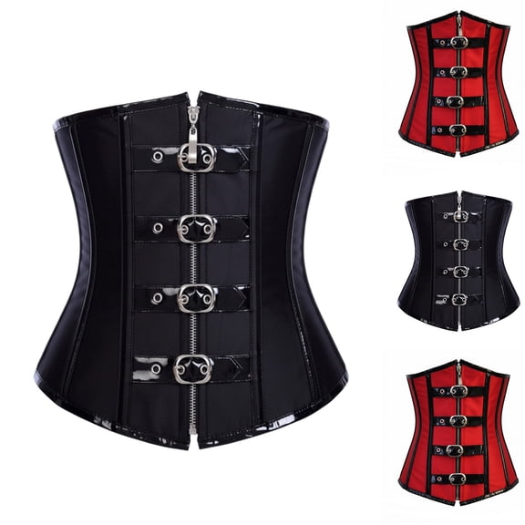 VeFlora Women's Corset Top, Leather Waist Cincher with Zipper and Buckles(Black/L)