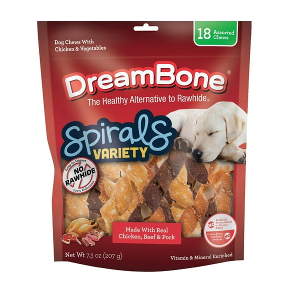 DreamBone Spirals Variety Pack Chicken, Beef or Pork, Rawhide-Free Chews for Dogs, 18 Count