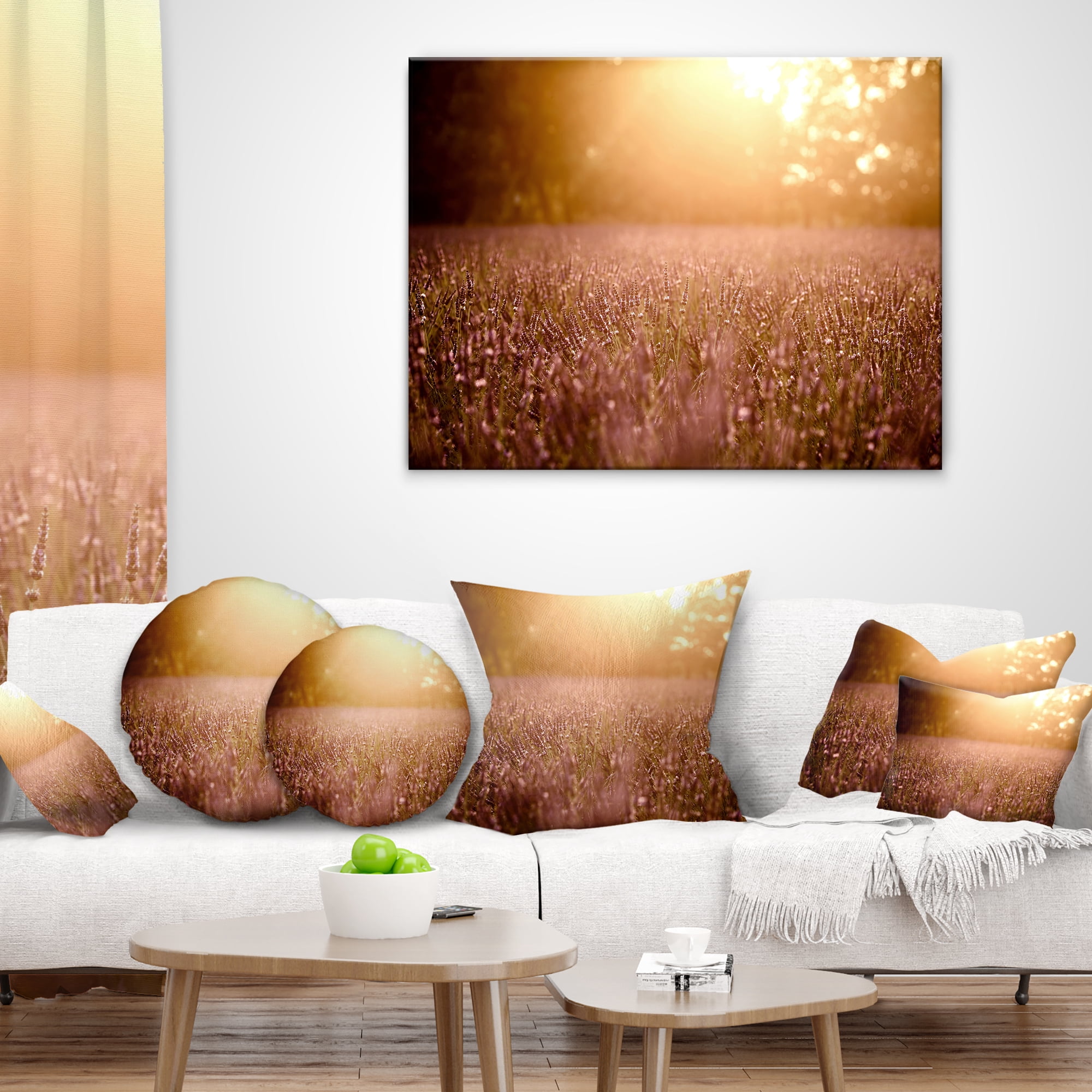 Designart Brown Tinged Lavender Field Sunset - Floral Throw Pillow - 12x20