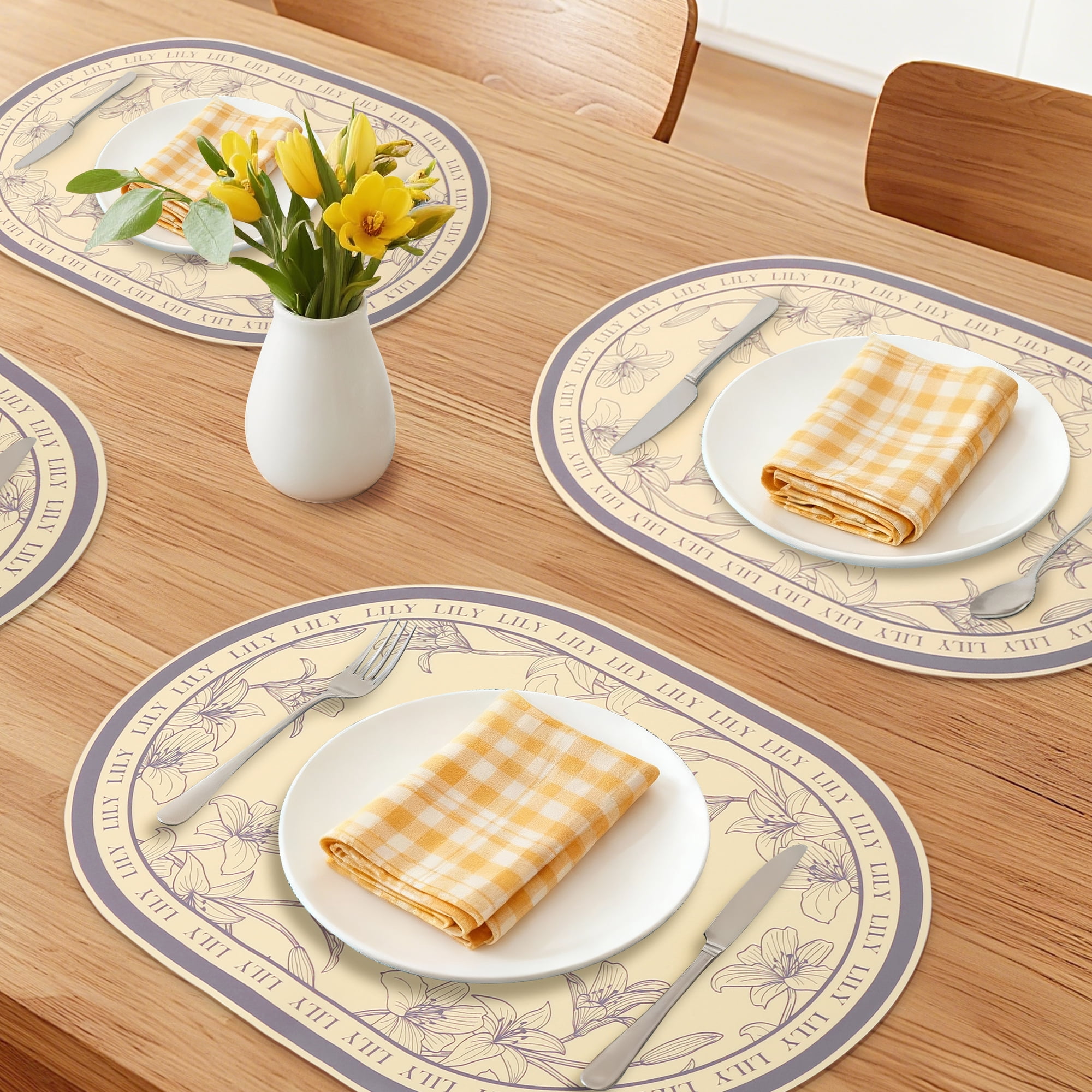 Placemats Set of 6 Leather Placemats for Kitchen Dining Table Decor Wipeable Floral Table Mat Light Yellow 16.9*11.8inch