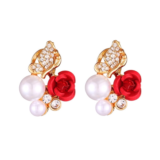 Pendientes de cristal con flor, 1 par de pendientes de imitación chapados en rosa con perlas rojas