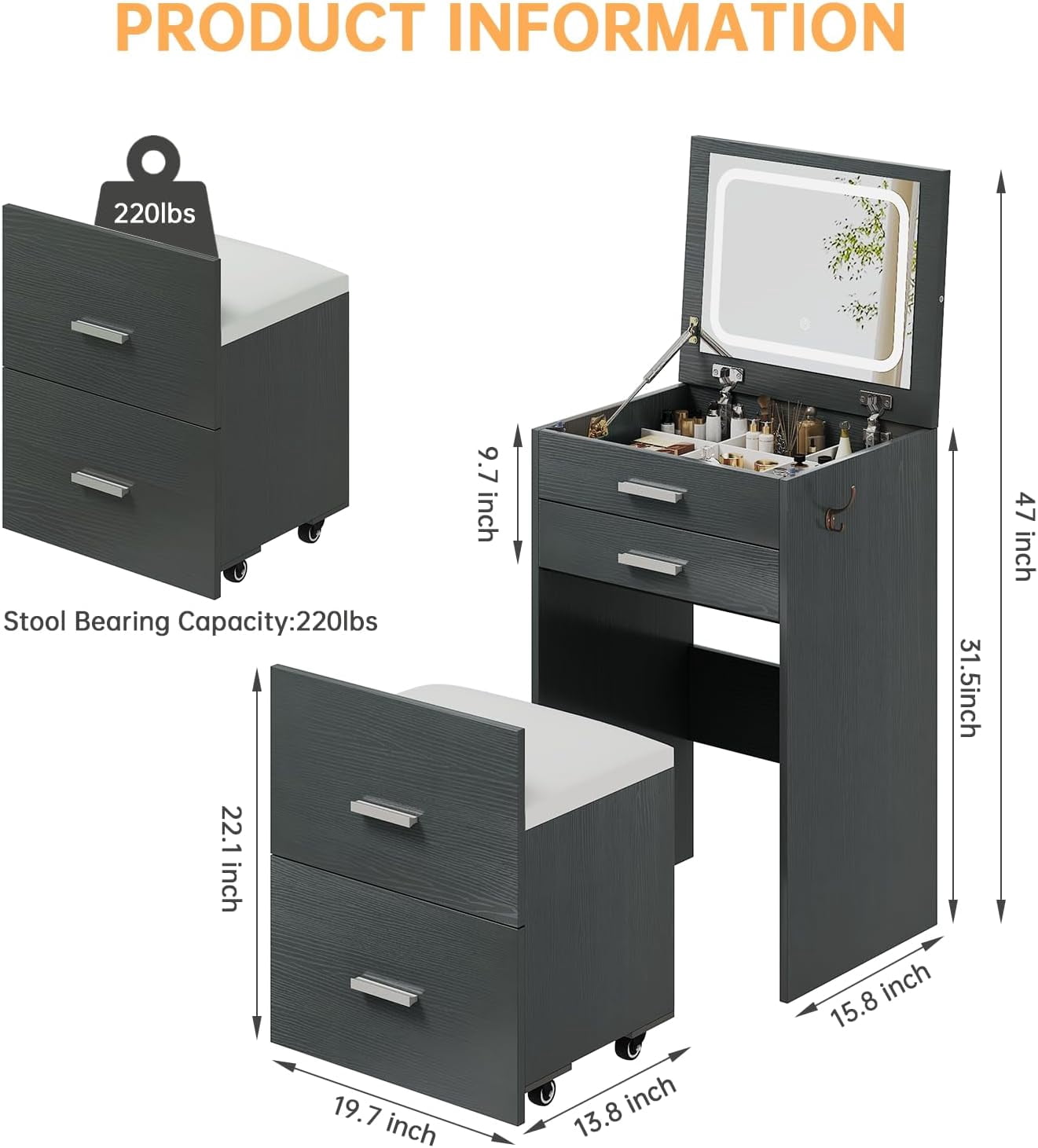 SELOOYE 3 in 1 Vanity Desk, Compact Vanity with 3 Drawers, Makeup Desk with Flip-up 3 Colors Lighting Mirror and Cushioned Stool, Small Vanities Nightstand Perfect for Bedroom, Grey