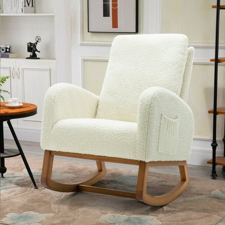 Lunale Rocking Chair for Nursery, High Back Adults Glider Rocker for Living Room, White Teddy