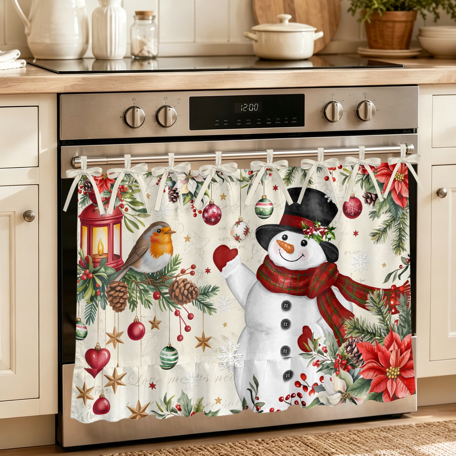 Oven Curtain for Kitchen Retro Christmas Snowman Stove Curtain With Ruffled Trim Dishwasher Curtains Red Flowers Star Bird on Letter Oven Skirt 27 x20