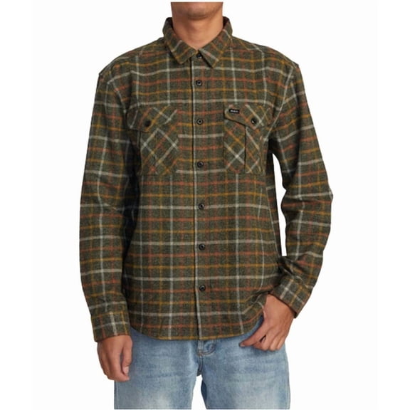 RVCA Mens Long Sleeve Woven Button Front Flannel Shirt - Hughes Flannel (Warm Grey, Medium)